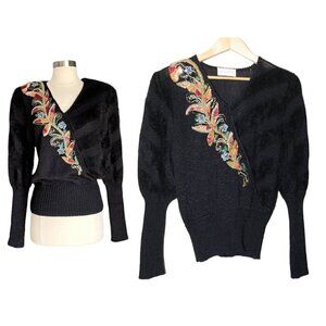 VTG Sideffects Angora beaded sequins floral women's black sweater Y2K Size L?